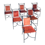 Wrought Iron and Leather Swirl Dining Chairs, Spain, 1960s, Set of 6