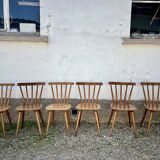 Set of 6 vintage bistro chairs – Warm stained wood – Compass legs