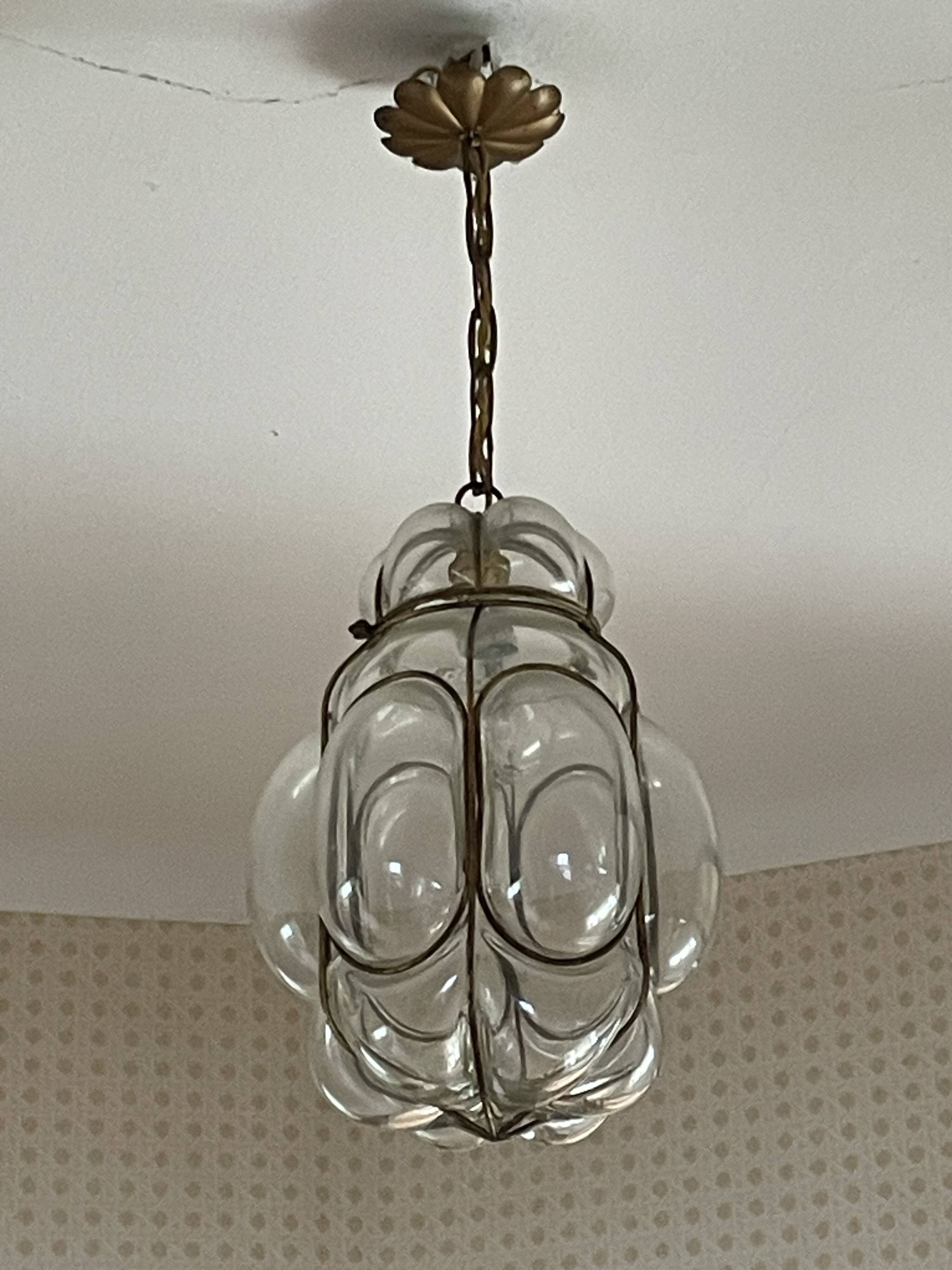 Old Venetian blown glass chandelier, Murano lighting fixture in wrought iron structure