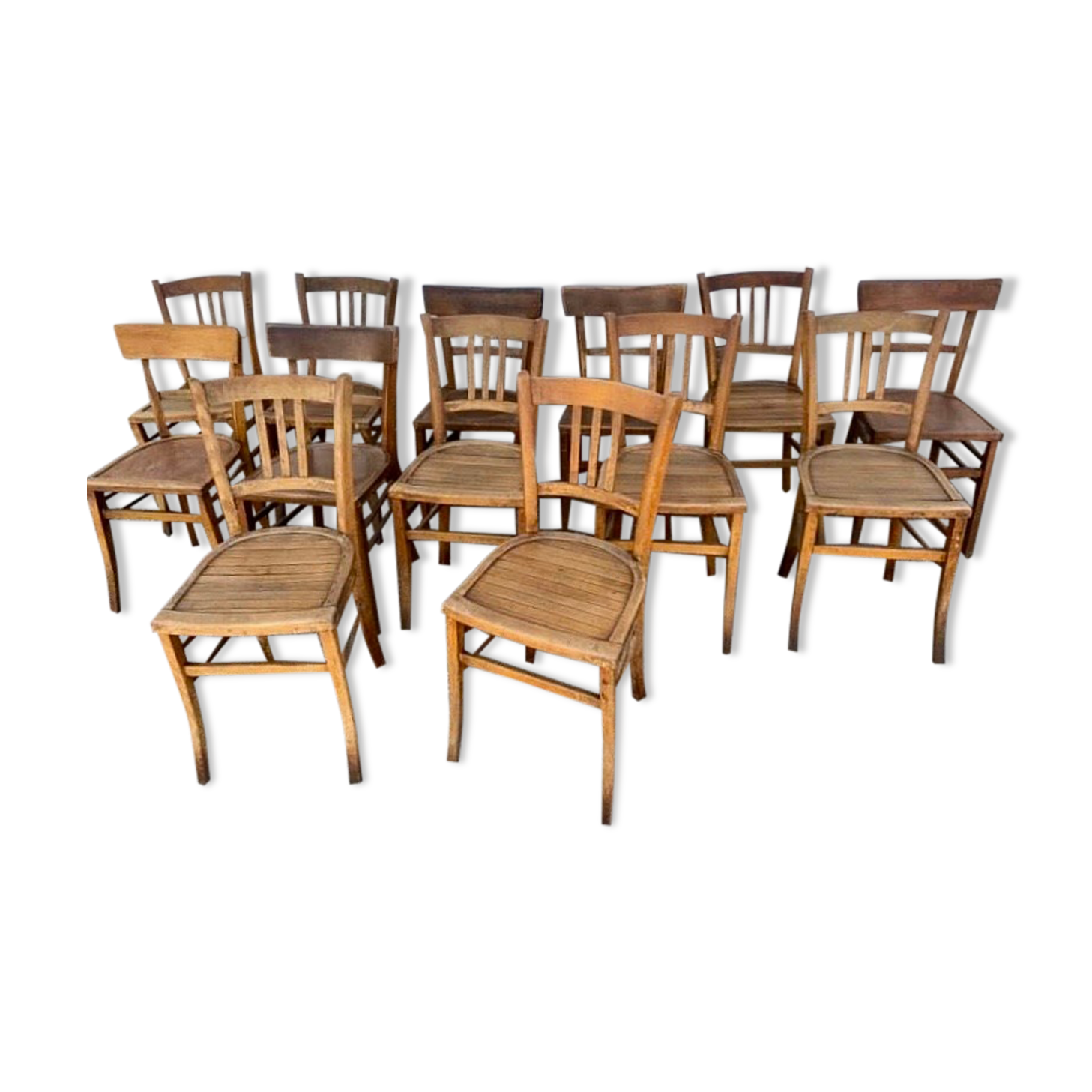 Set of 13 old art deco bistro chairs from the 1930s in light wood