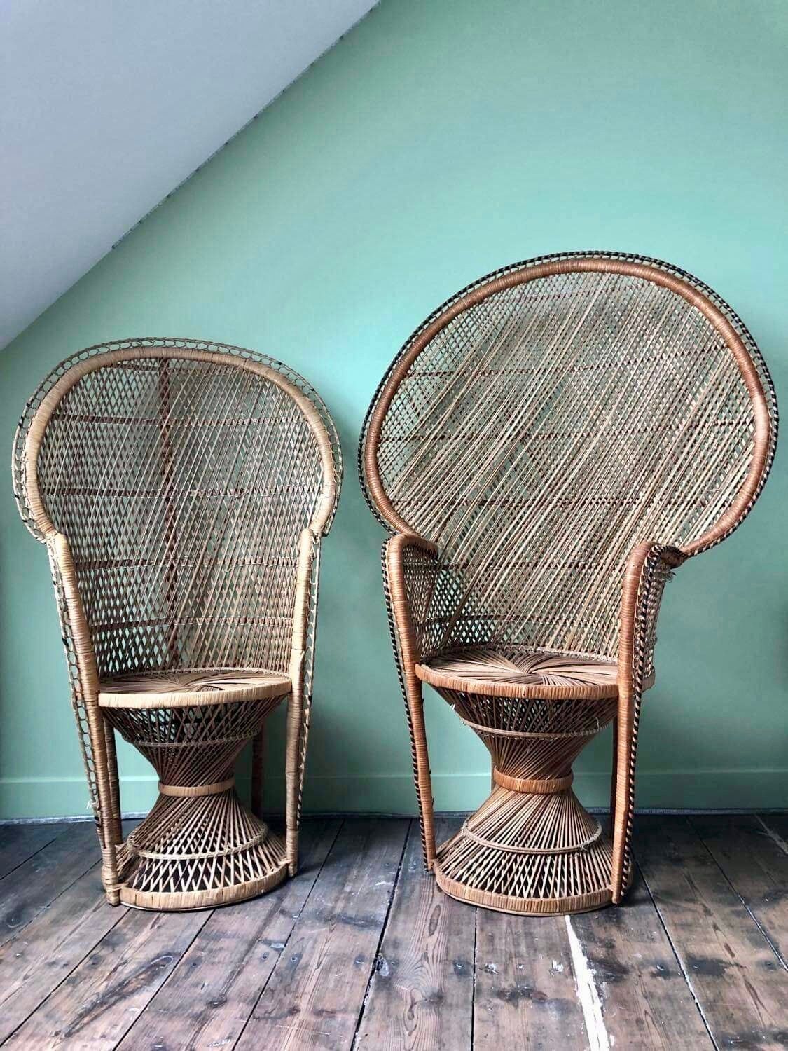 Pair of vintage Emmanuelle armchairs, antique peacock seating furniture