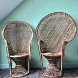 Pair of vintage Emmanuelle armchairs, antique peacock seating furniture