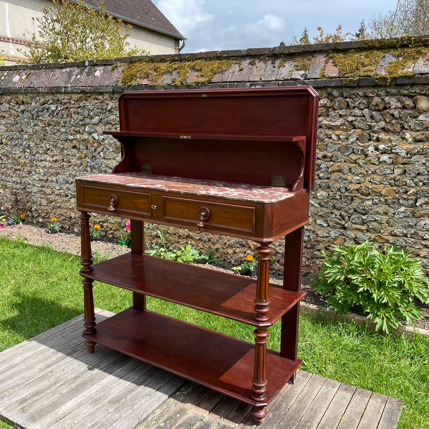 Console desserte acajou et marbre