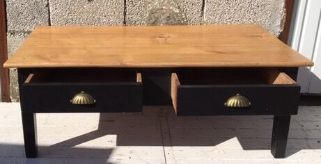 Black patinated cherry bass table and matte varnished raw wood top