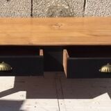 Black patinated cherry bass table and matte varnished raw wood top