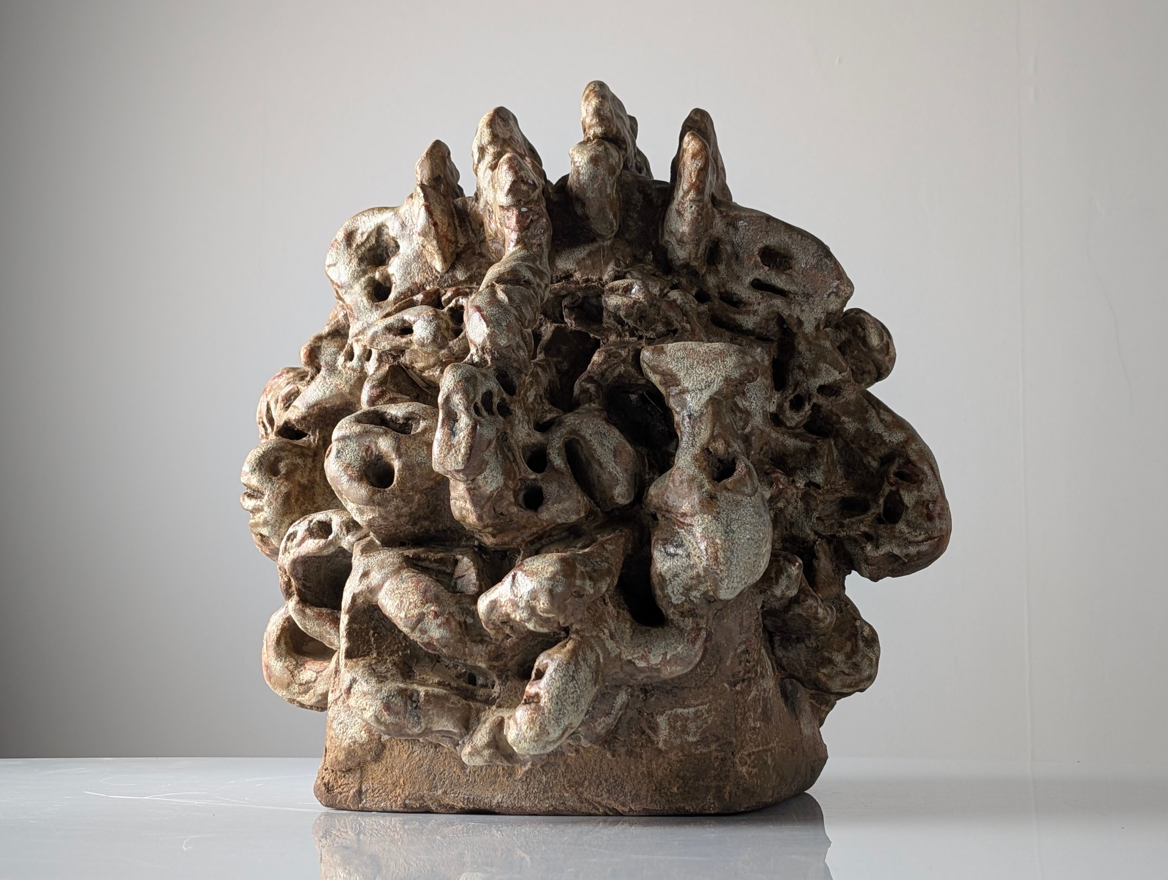 Large organic glazed stoneware sculpture with coral shapes, signed, 2002