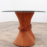 Bohemian bamboo mcguire dining table set with 6 palm leaf chairs, 1960 france.