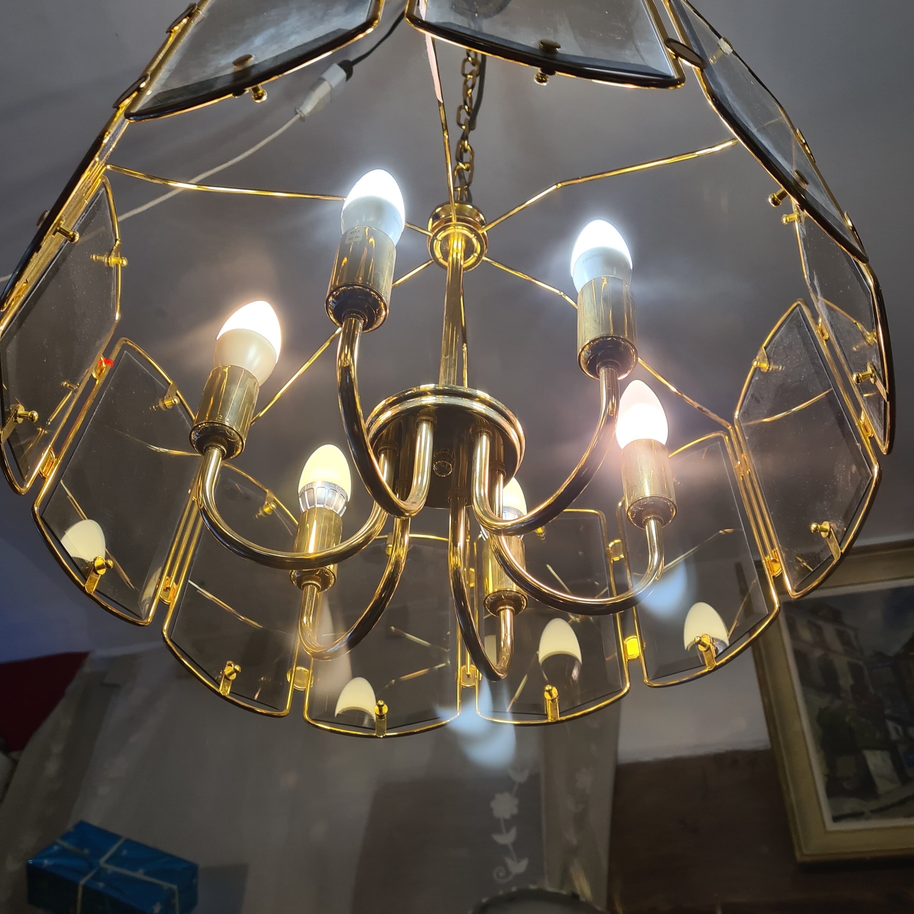 Vintage chandelier brass glass