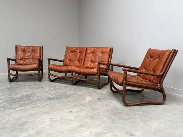 Canapé vintage en bambou et cuir, années 1970
