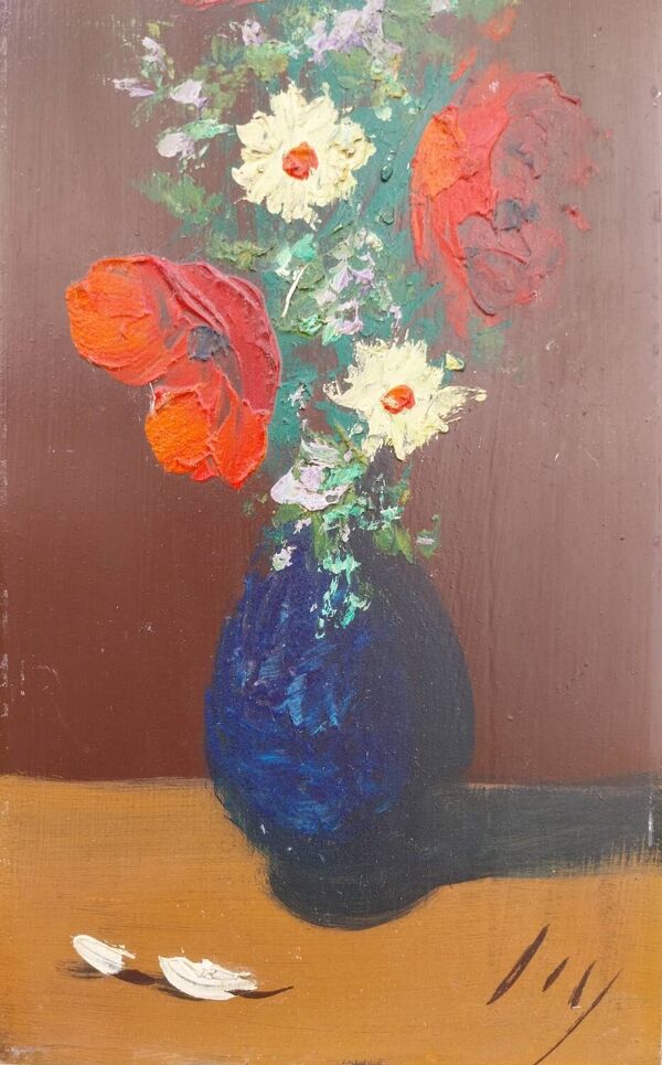 Huile sur paneau au bouquet de fleurs