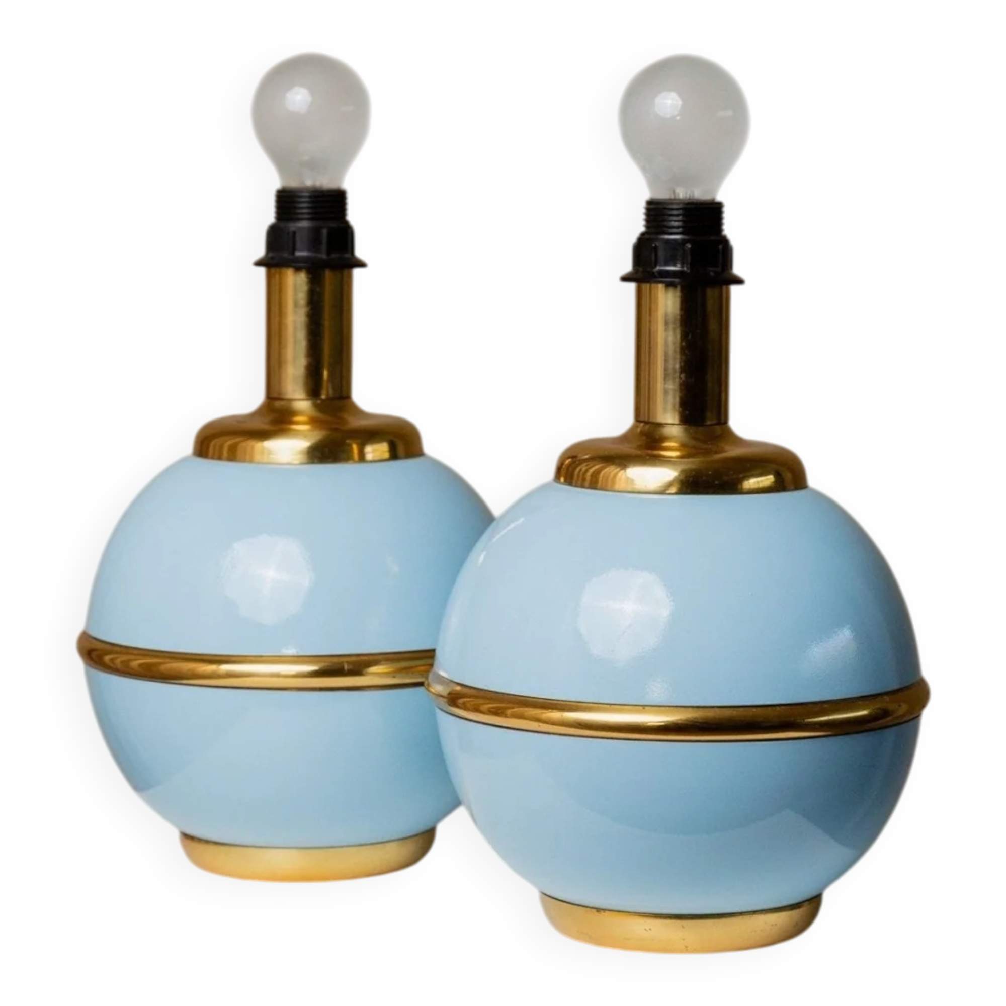 Set of 2 Light-Blue Ceramic Table Lamps with Gold Trim Italy 1980s Hollywood Regency Style