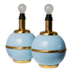Set of 2 Light-Blue Ceramic Table Lamps with Gold Trim Italy 1980s Hollywood Regency Style