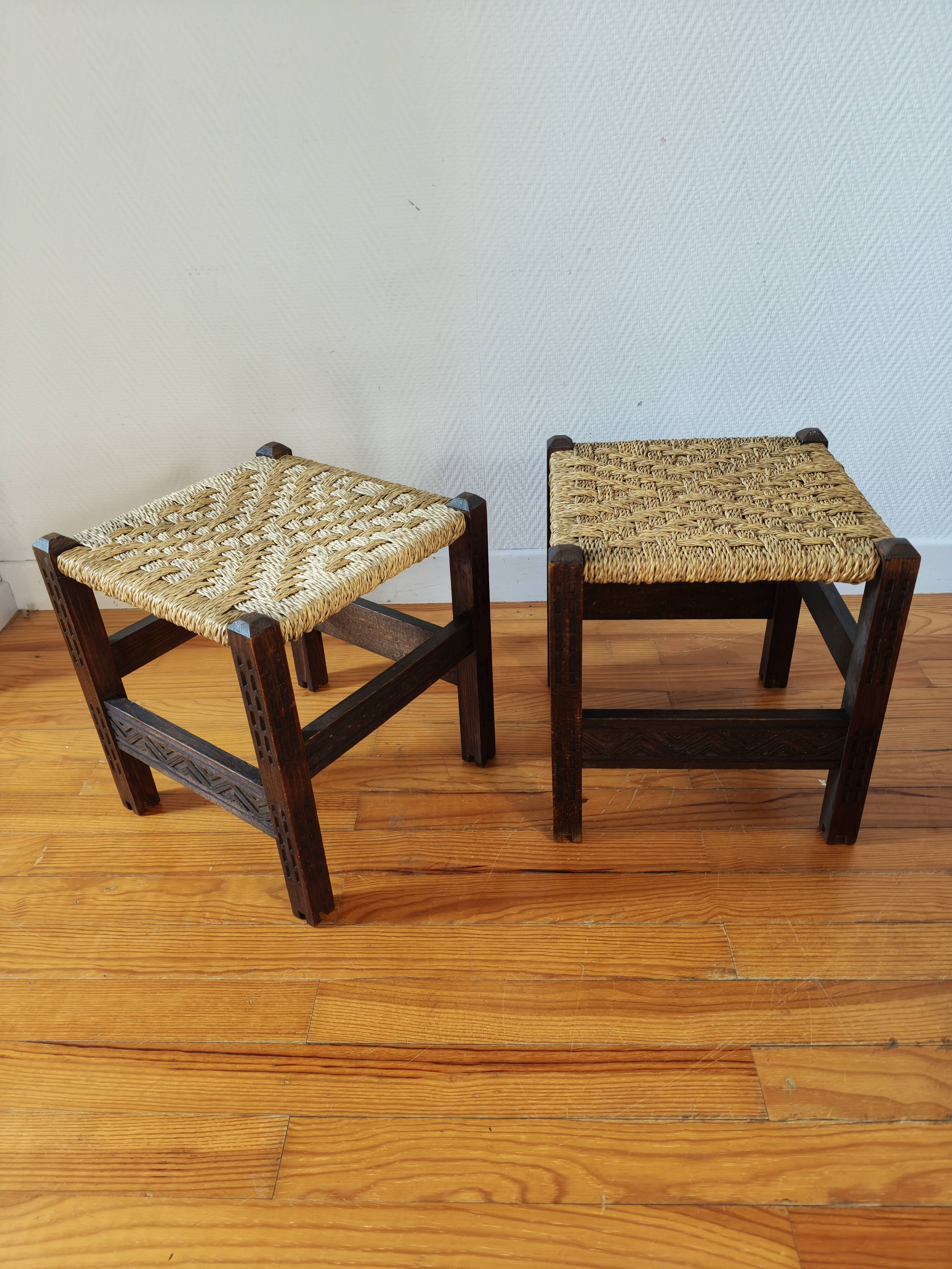 Pair of handcrafted stools from Friuli in carved wood, Italy, circa 1960.