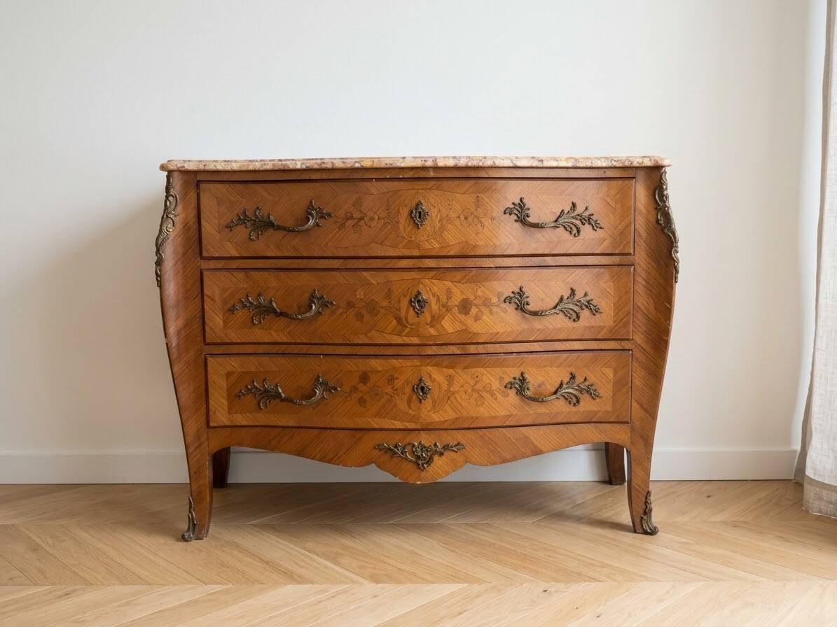 Louis XV style commode in marquetry and marble