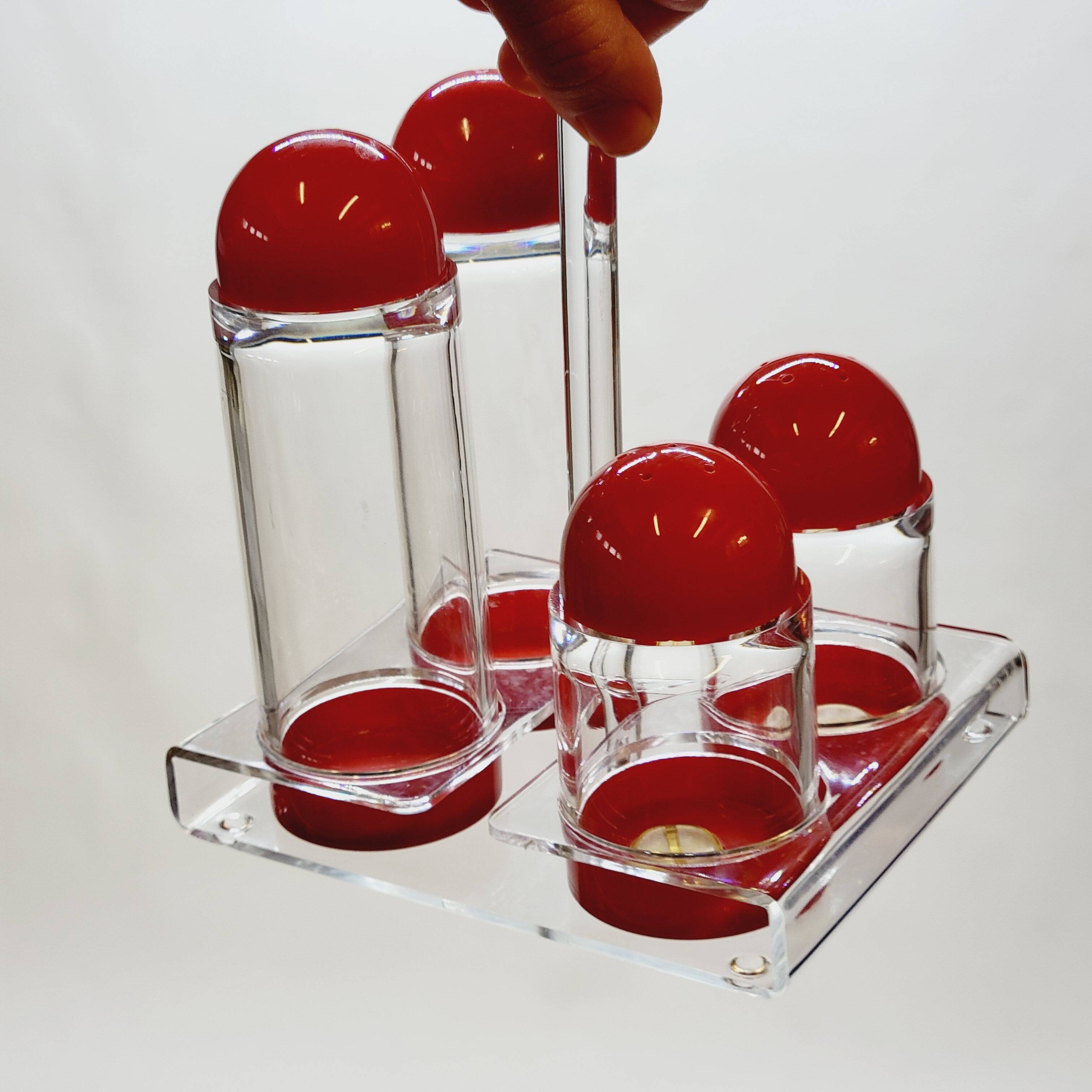 Condiment service oil vinegar salt pepper vintage plexi and red plastic