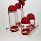 Condiment service oil vinegar salt pepper vintage plexi and red plastic