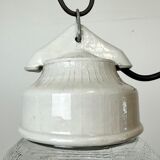 Vintage White Porcelain Pendant Light with Ribbed Glass, 1970s
