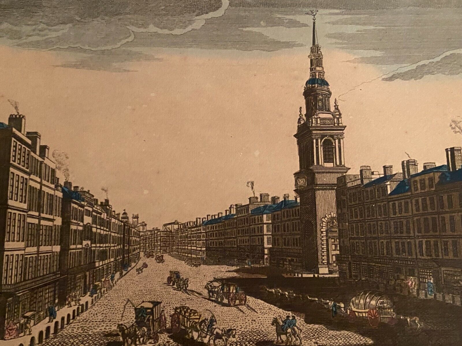 Engraving from optical view The main street and the Church of Sainte Marie Londres