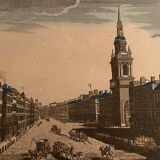 Engraving from optical view The main street and the Church of Sainte Marie Londres