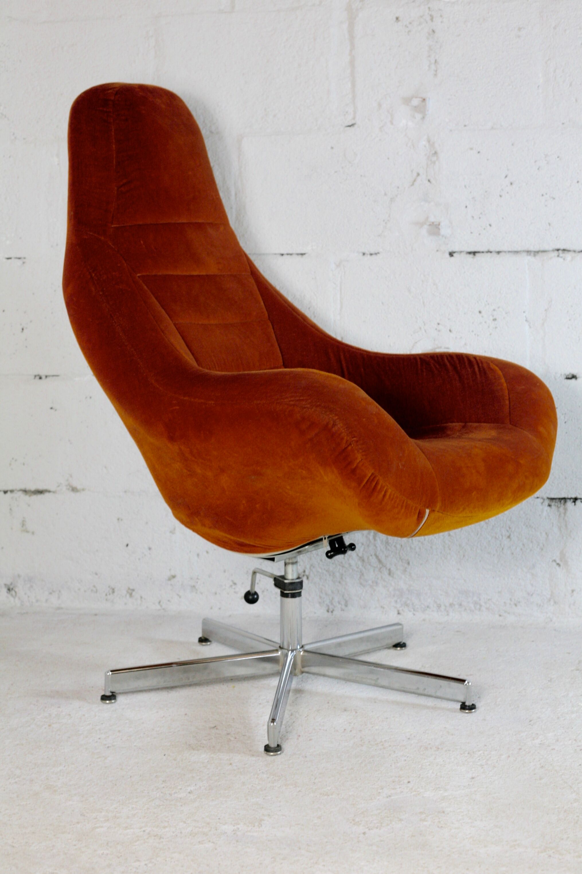 Space age chair, fiberglass, orange velvet, circa 1970s
