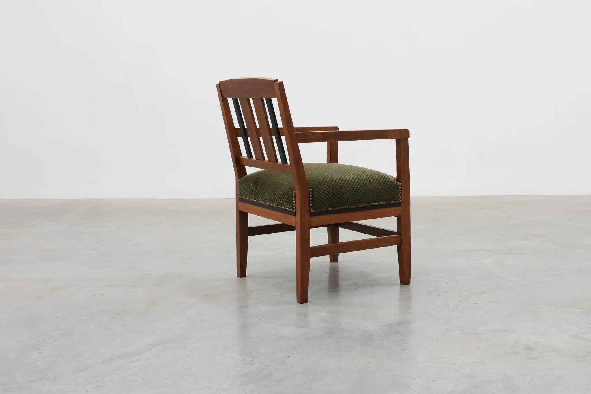 Amsterdamse School Oak Armchair with Green Velvet Seat, Netherlands, 1920s