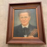 PORTRAIT OF A MAN AND HIS GUITAR OIL PAINTING 1940S