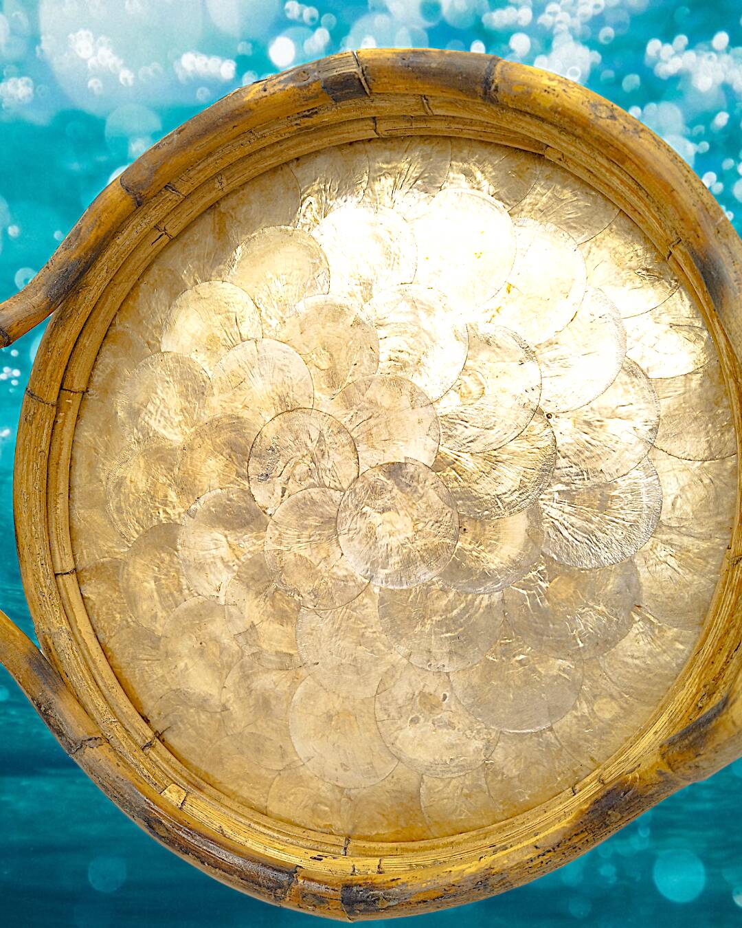 Vintage round bamboo and Capiz shell platter – Italy, 1970s