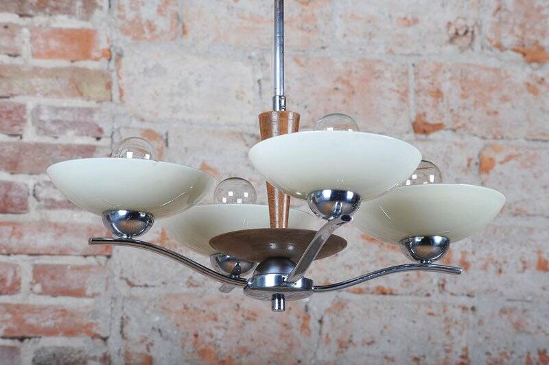 Art Deco Chandelier in Chromed Steel and Beech, Czech, 1920s