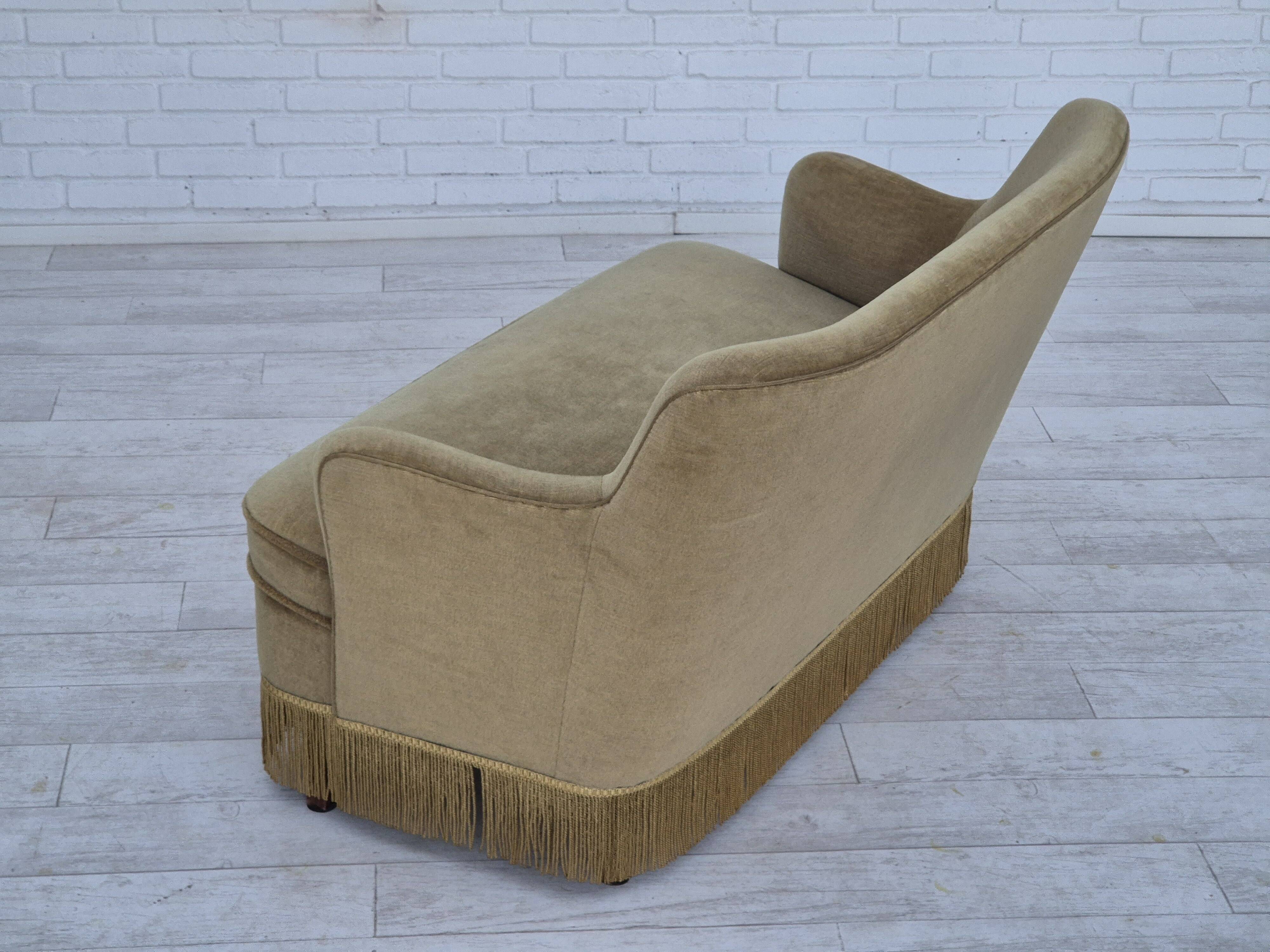 1970s, Danish 2 seater sofa, original condition, green furniture velour, beech wood legs.