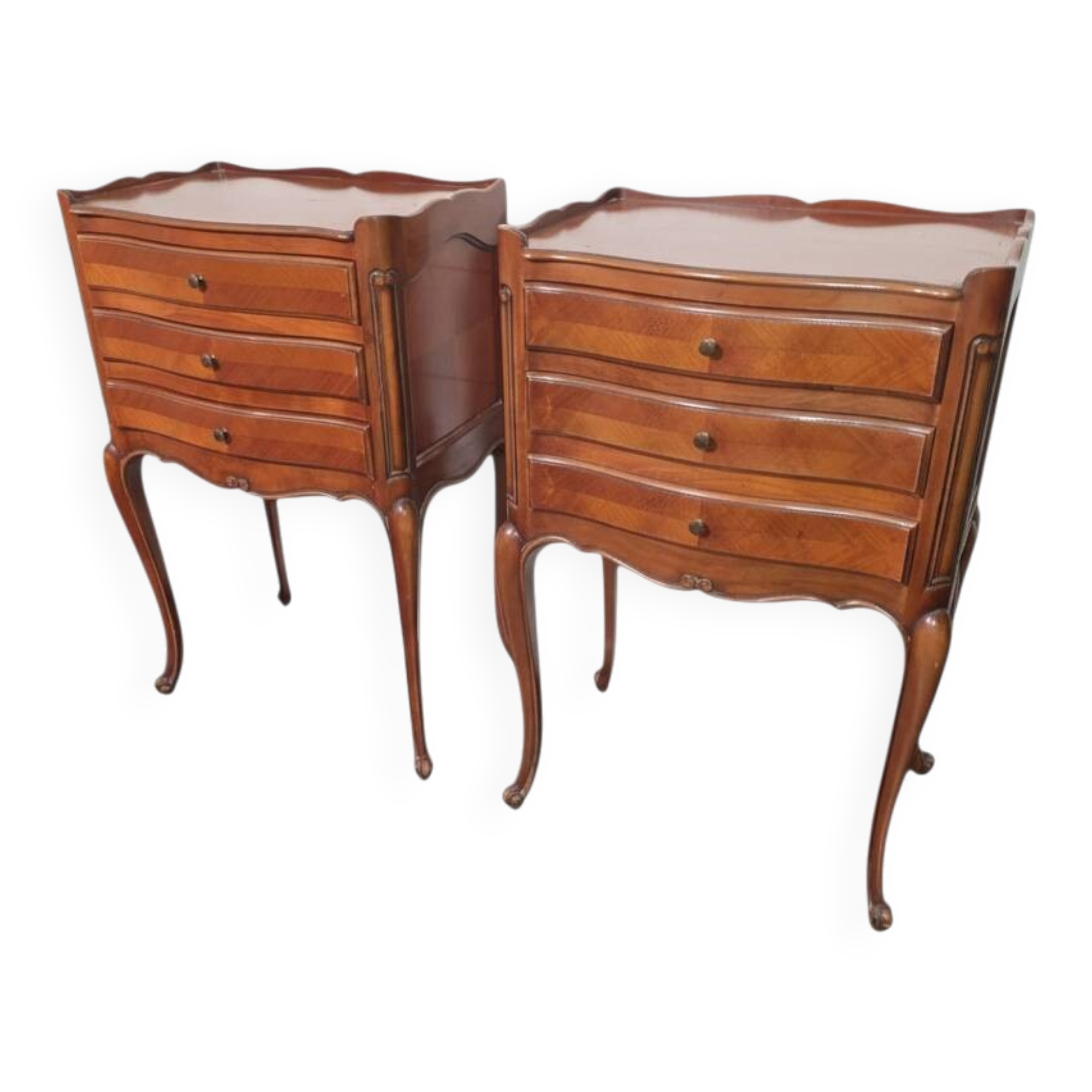 Pair of Louis XV style bedside tables in cherry wood marquetry.