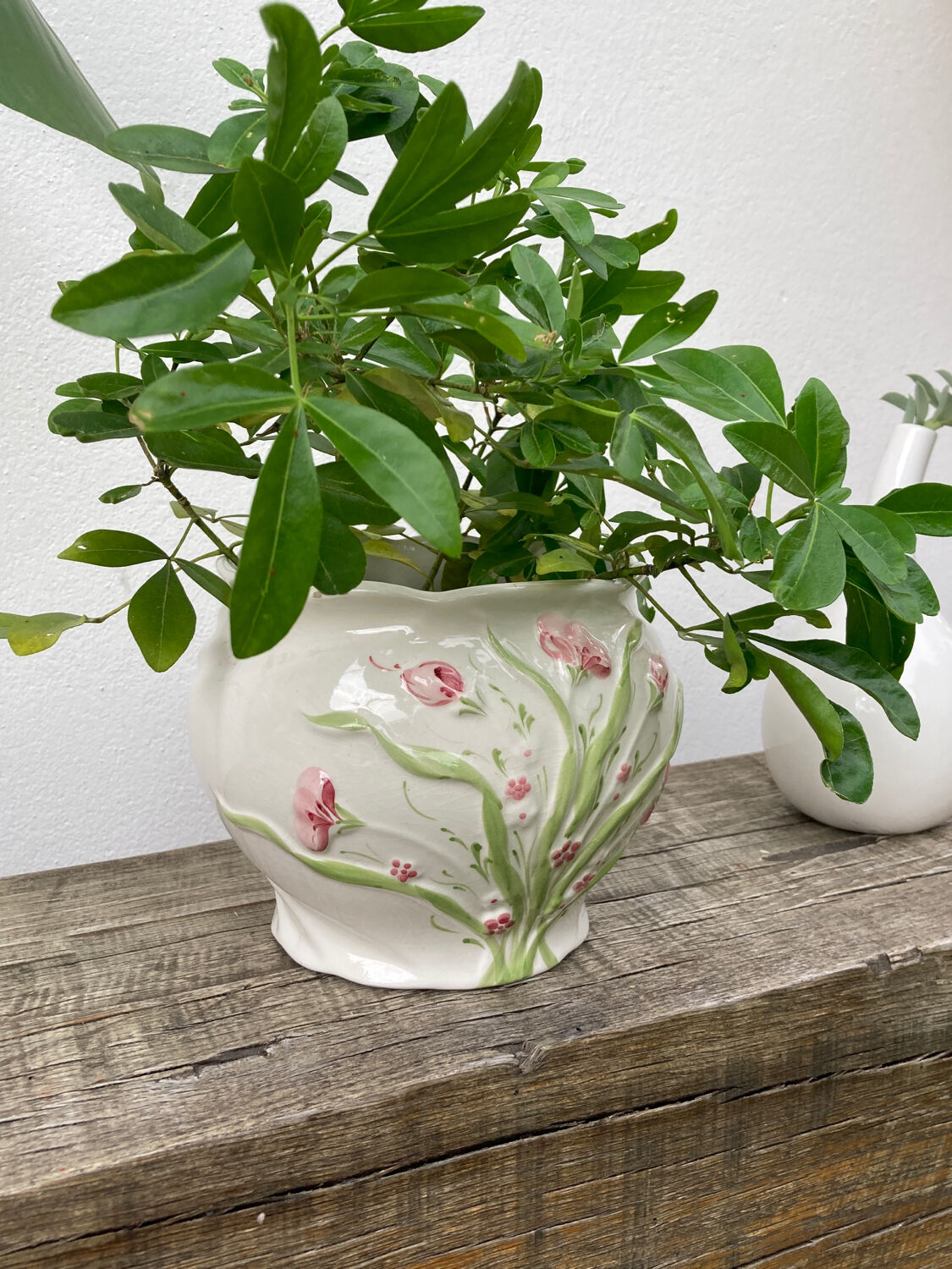 White ceramic pot cache in old flower slip