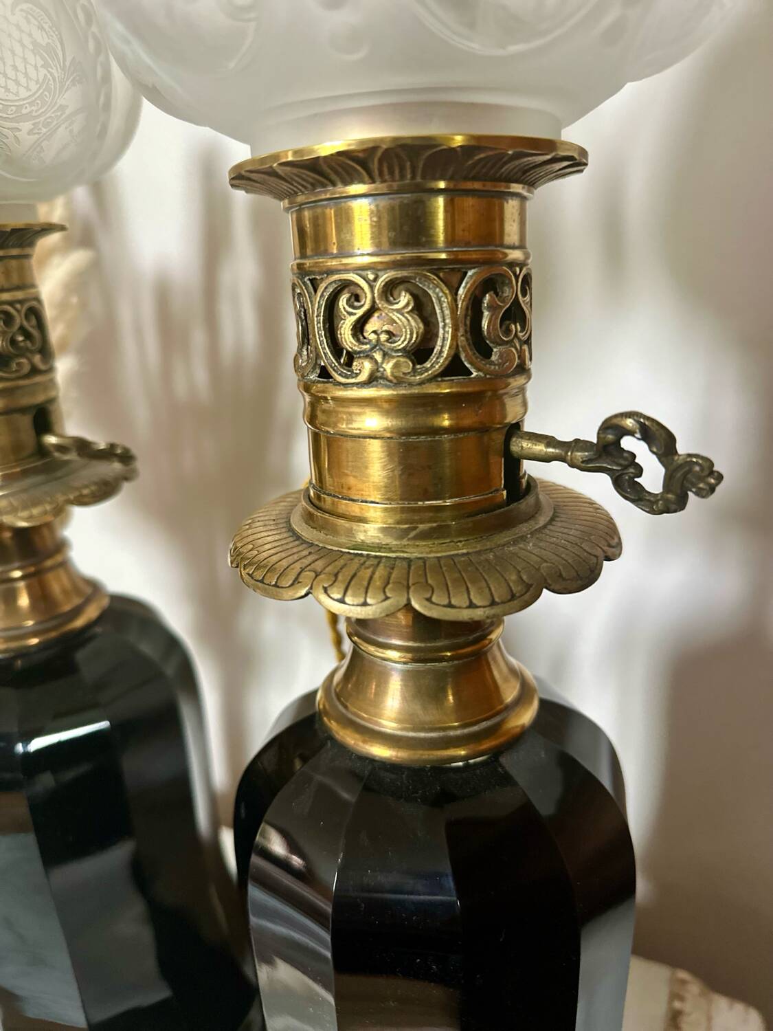 Pair of Napoleon III bronze and glass lamps