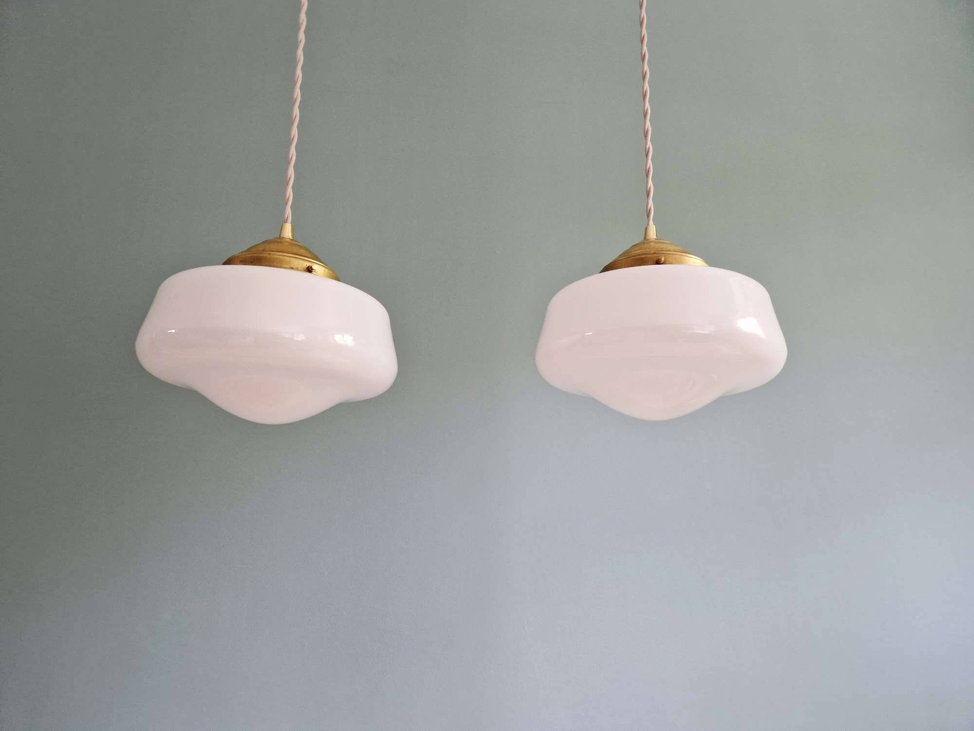 Pair of Art Deco conical white opaline pendant lights, 1920-30