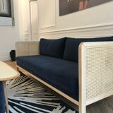 Sofa canage 210 light wood, navy blue velvet