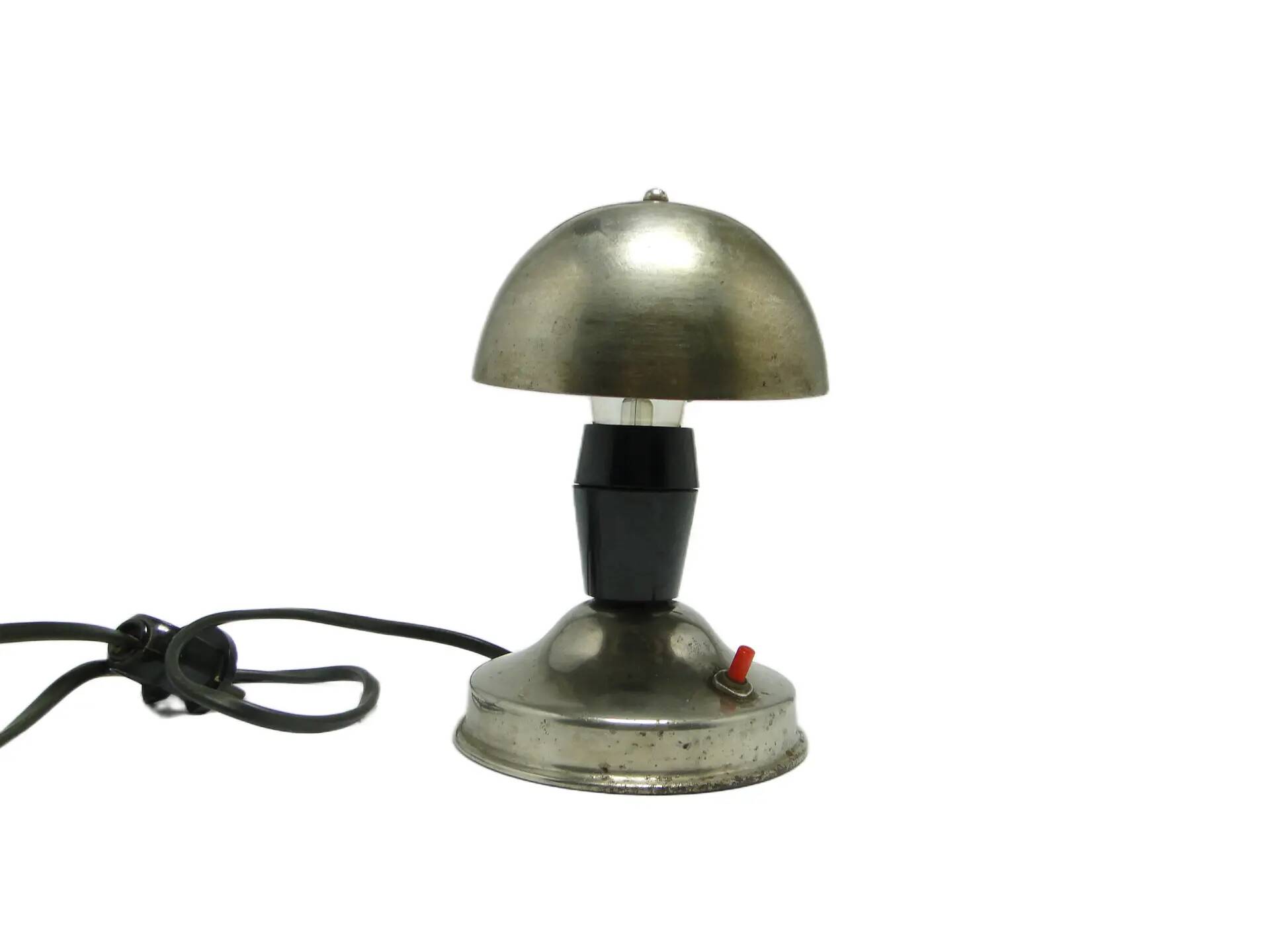 Mushroom table lamp, silver metal, black bakelite, Poland, 1950s