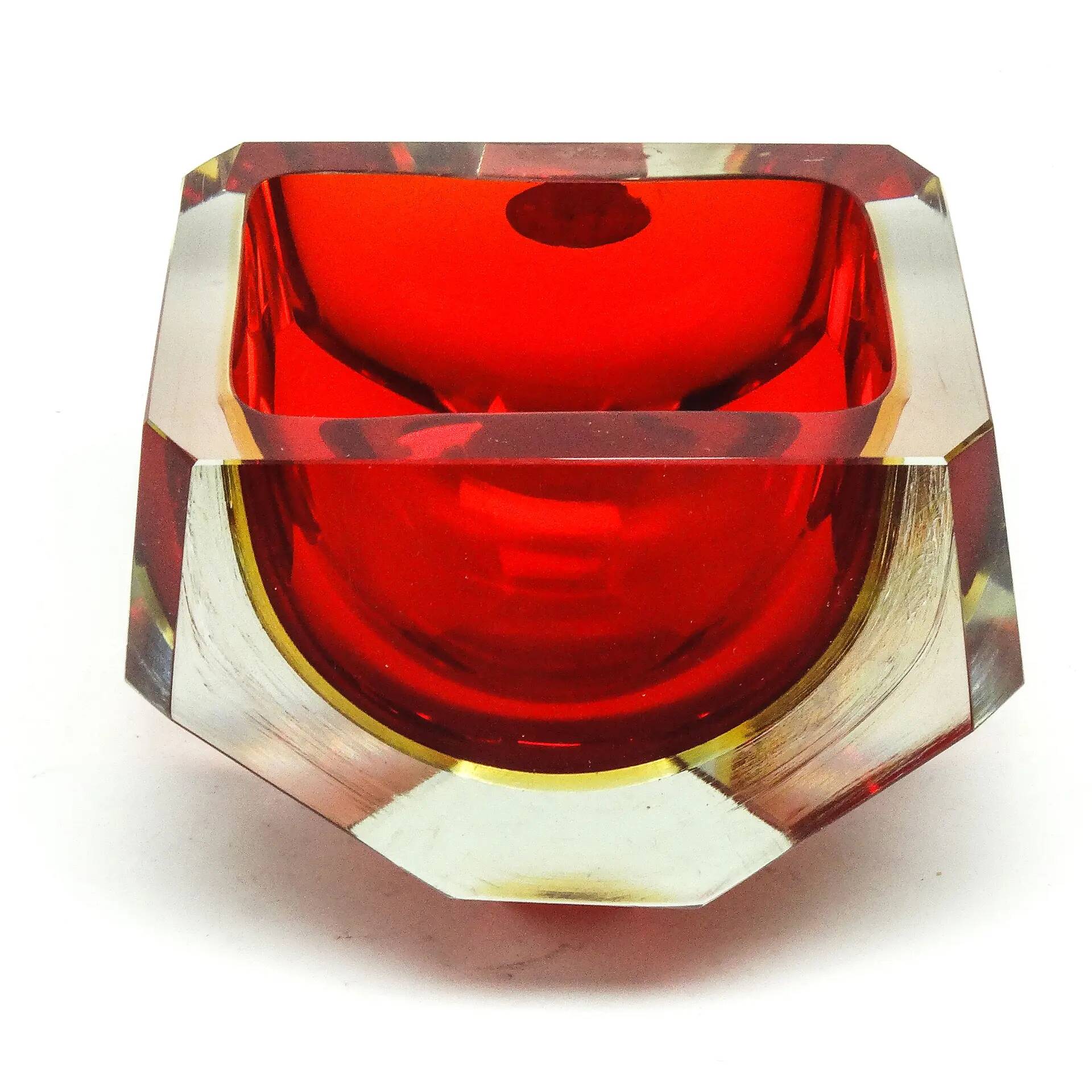 Murano basket, modernism, red glass, designed by F. Poli, Italy, 1950s
