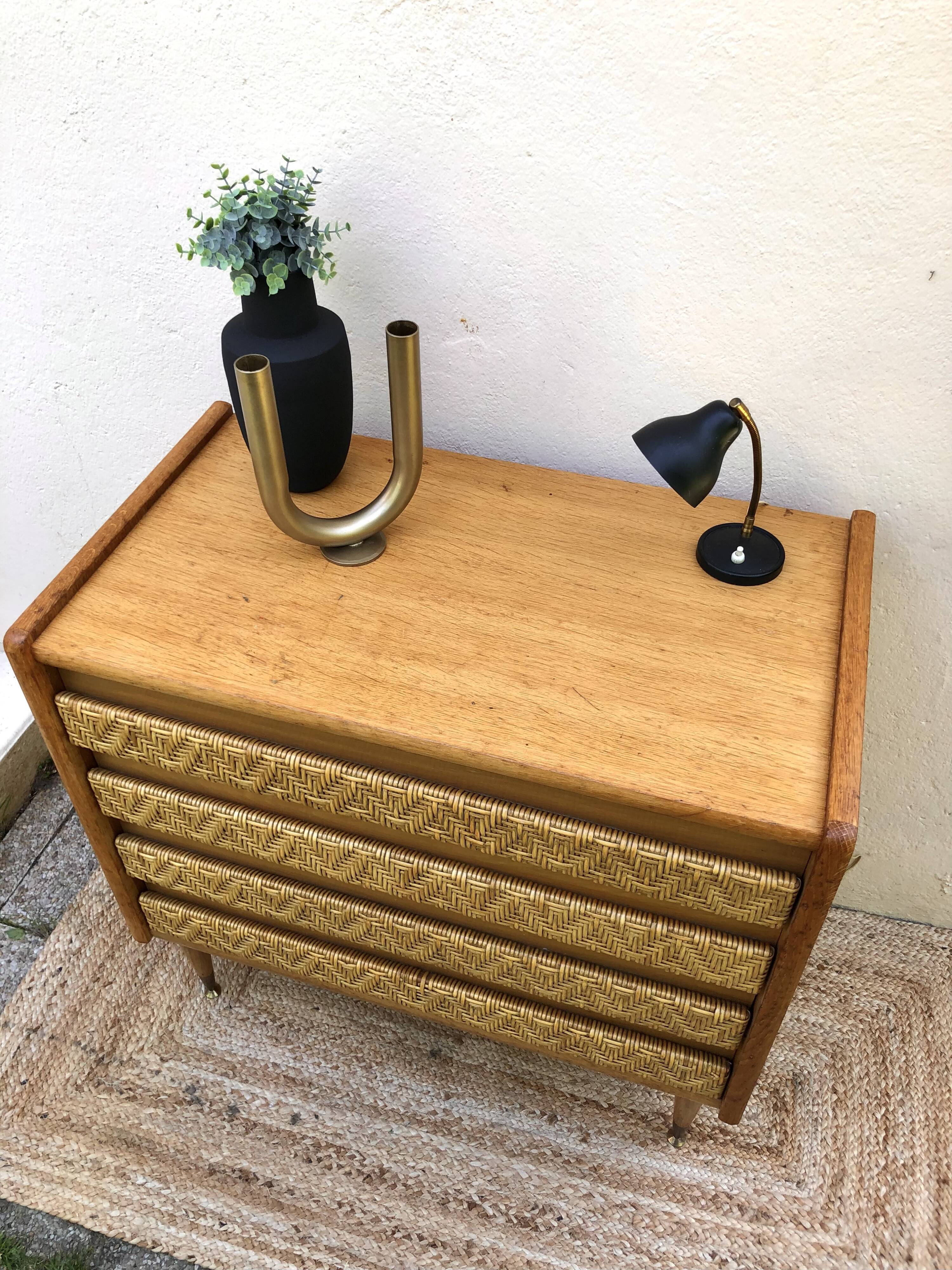 Chest of drawers wood and rattan 60's