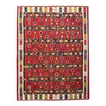 Antique Turkish Pirot Kilim Handwoven Red Stripe Flatweave Rug