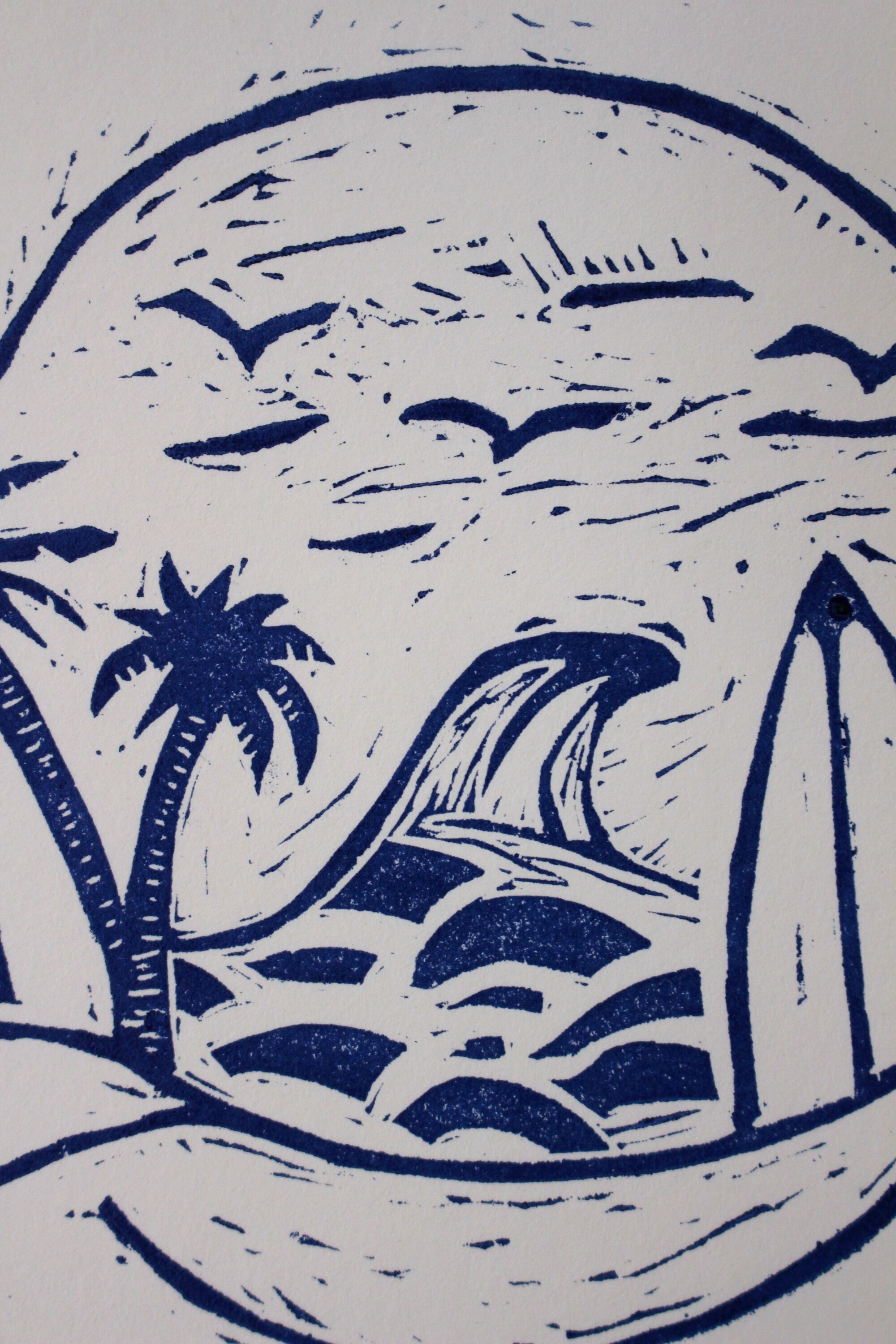 Island vibes blue linocut
