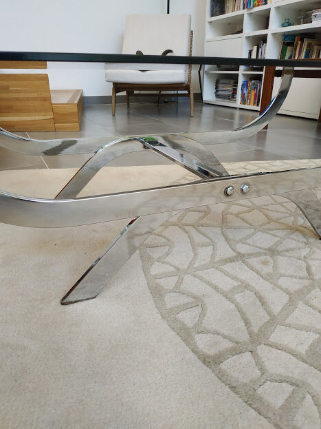 Rectangular chrome metal coffee table and 70s smoked glass