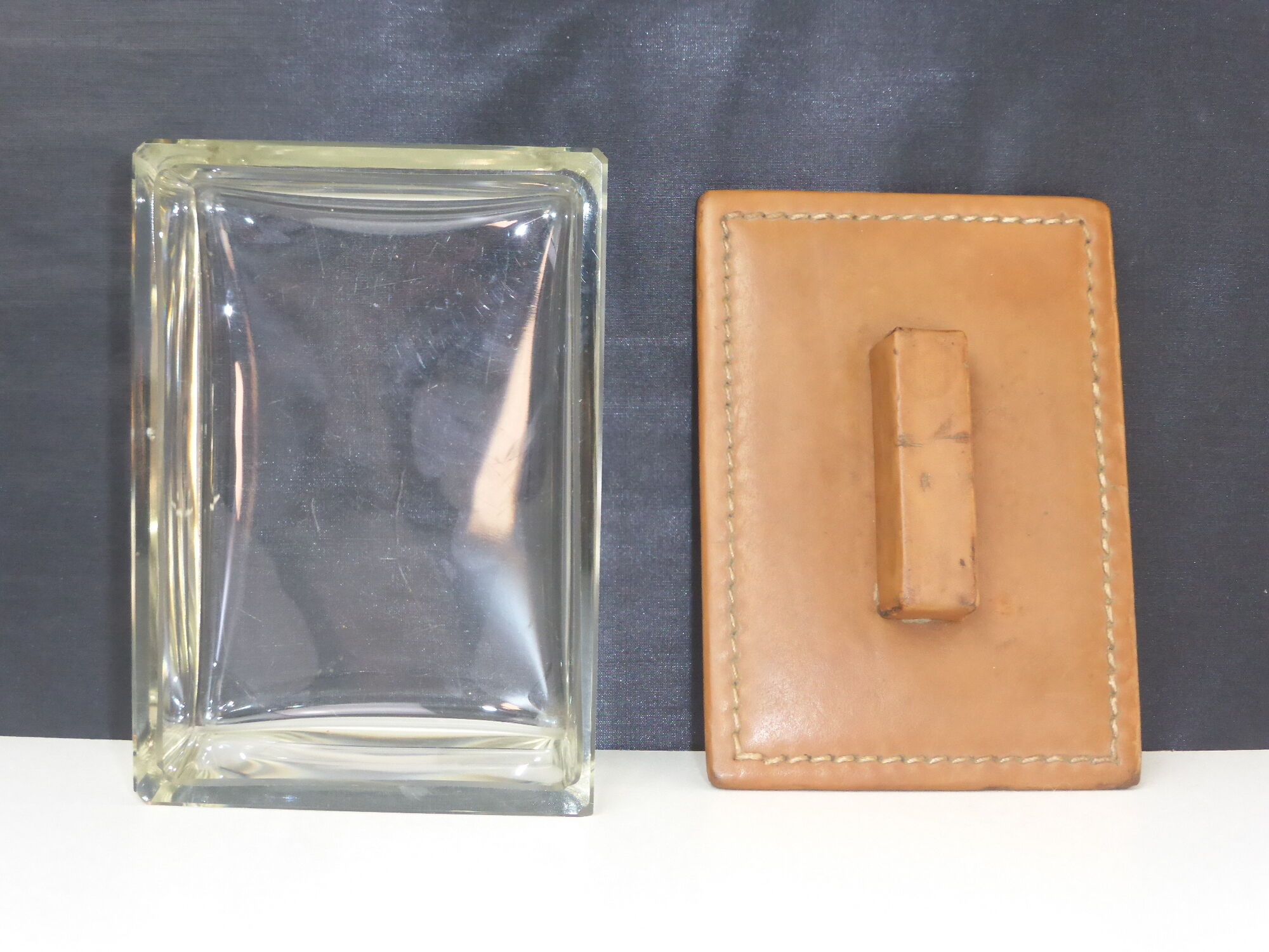 Vintage glass box with tawny leather lid