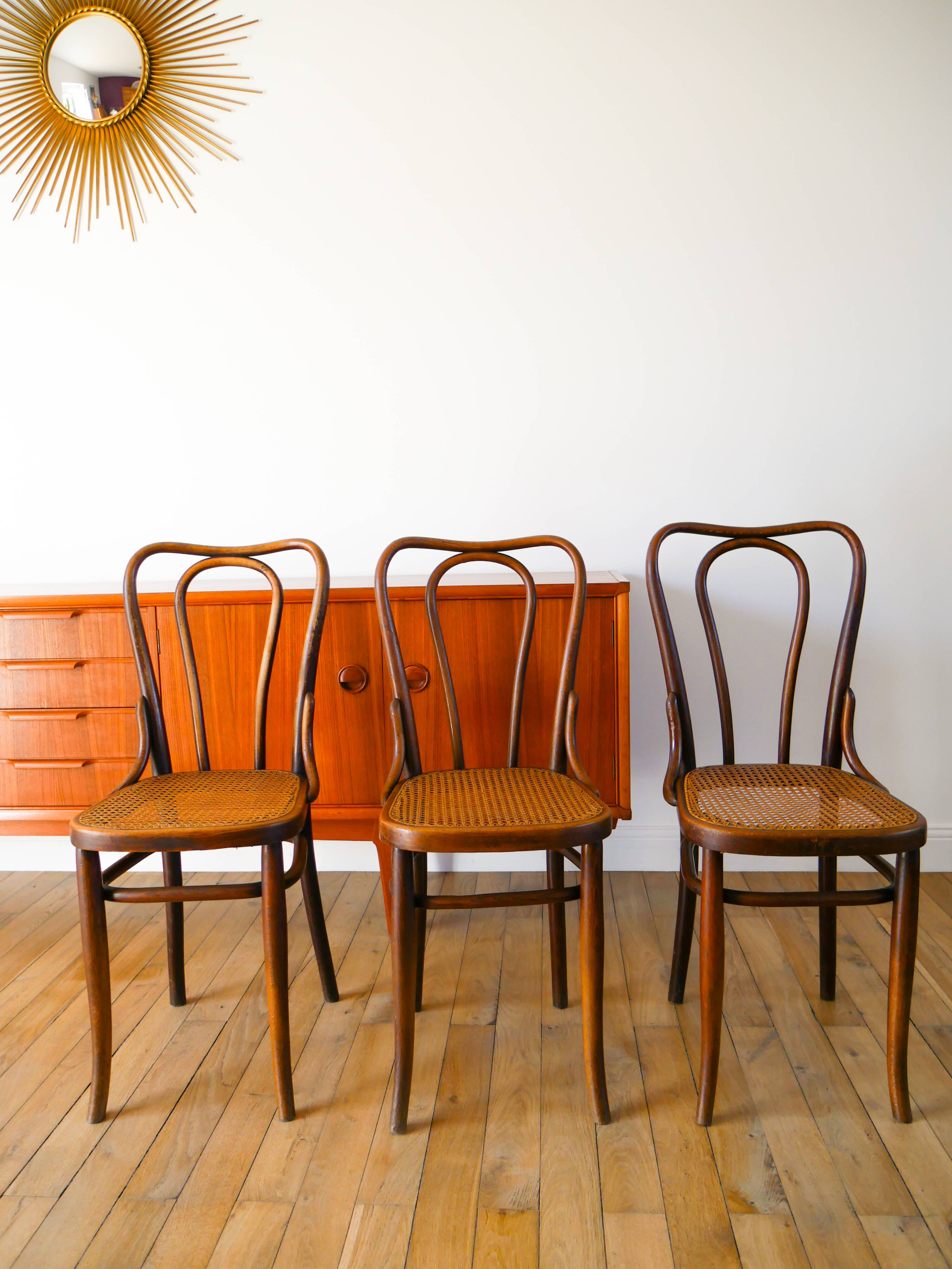 Set of 3 bistro chairs in wood and canework signed J. Kohn, Made in Austria, 20th century