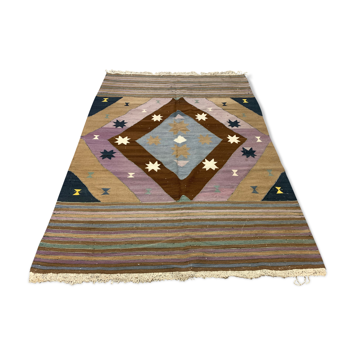 Vintage Turkish Kilim  242x174 cm Kelim Rug, Wool, Large Brown, Beige, Purple