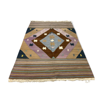 Vintage Turkish Kilim  242x174 cm Kelim Rug, Wool, Large Brown, Beige, Purple
