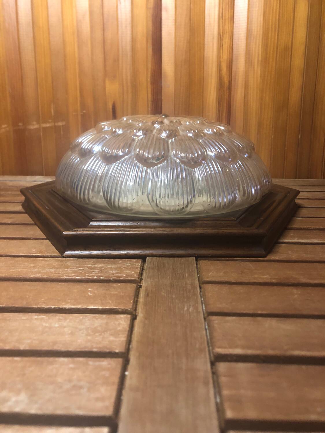 Old Gold Molded Glass Pendant Light + Vintage Wood Contour #A360