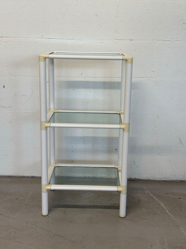 Petite étagère à 3 niveaux – Blanc et verre, style espace âge