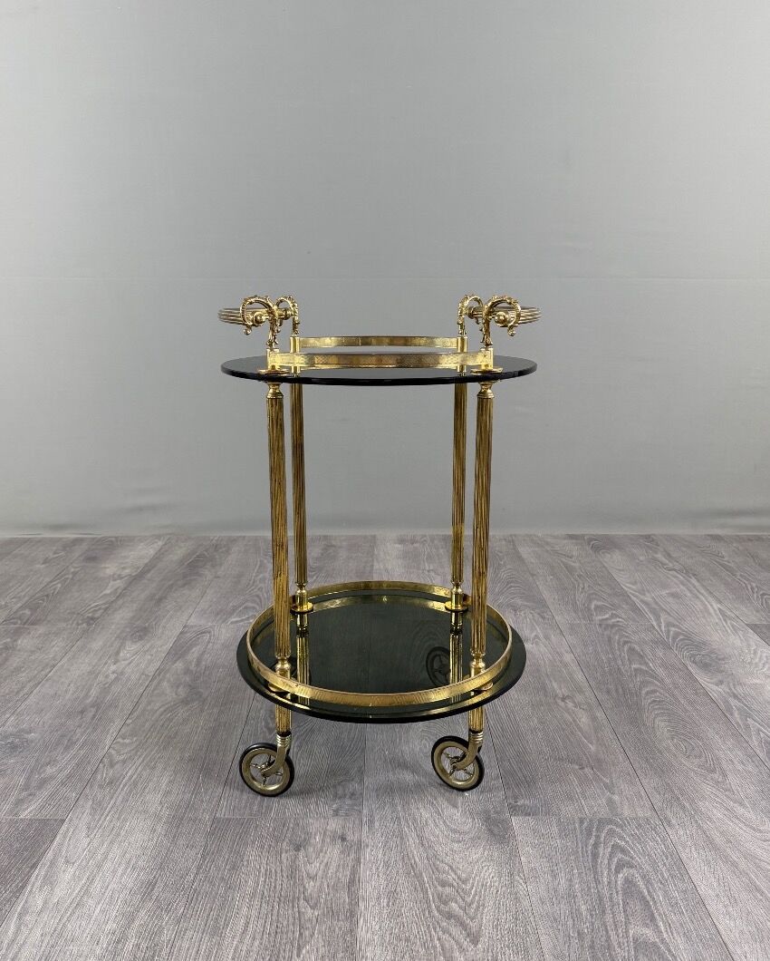 Rolling serving table in gold metal and smoked glass, 20th century
