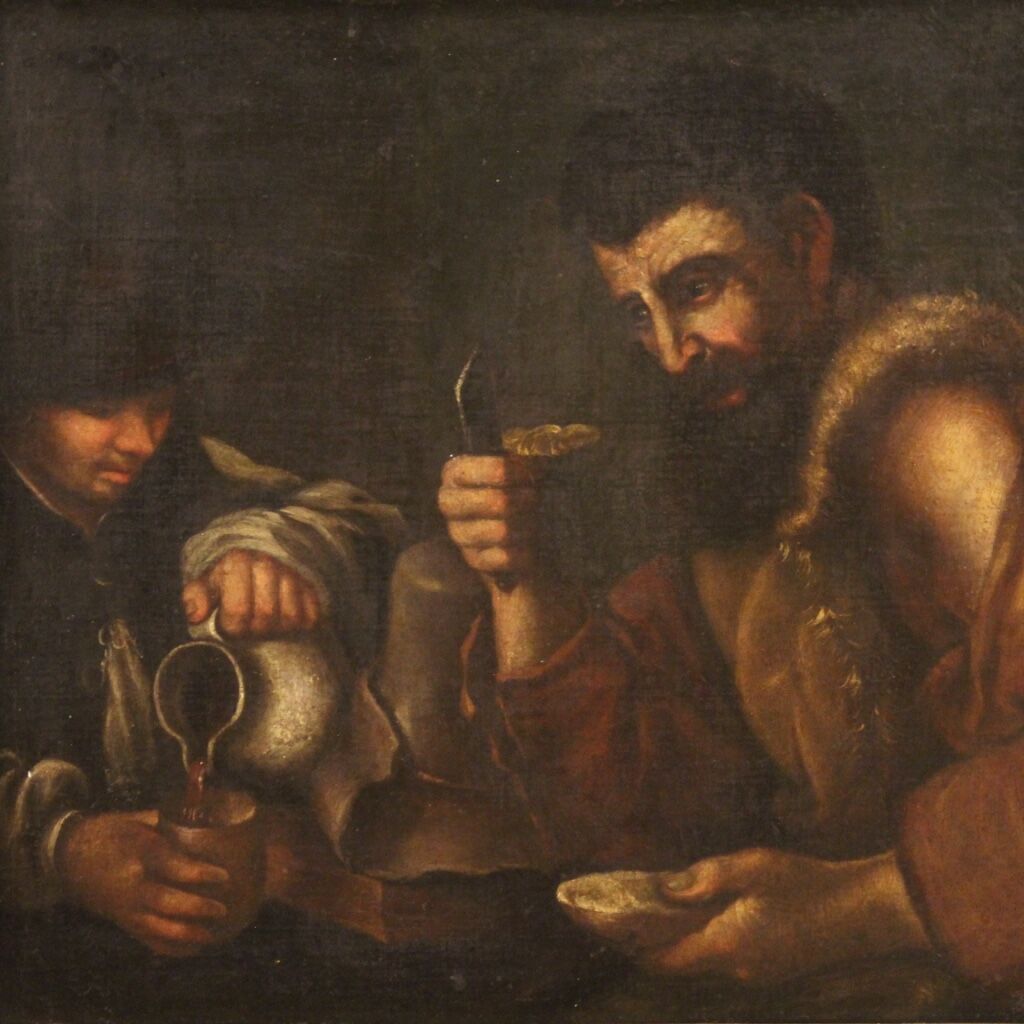 Antique painting from 17th century, interior of a tavern