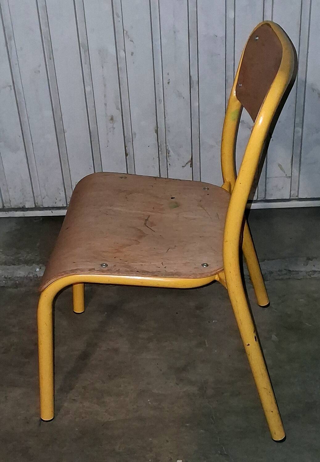Pair of school chairs, wood and yellow metal, industrial decor.