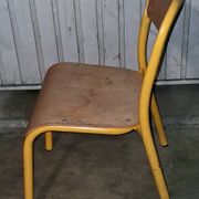 Pair of school chairs, wood and yellow metal, industrial decor.